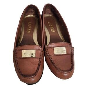 Lauren Ralph Lauren Brown Leather Loafers Gold LRL Logo Equestrian Preppy Size 8